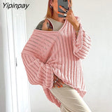 Yipinpay Women Ripped Knit Baggy Sweater Pullovers Long Sleeve Tops Female Jumper V Neck Autumn Winter Streetwear Knitted Sweaters