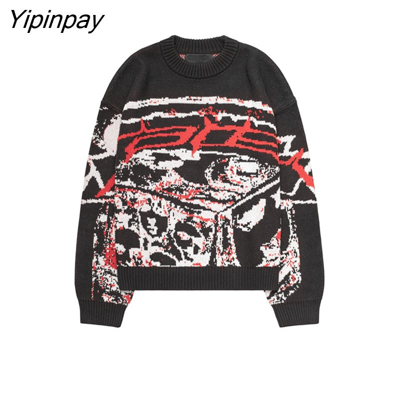 Yipinpay Men's Pullovers Sweaters Creative Stripes Women's Knitted Streetwear Maiden Oversized Harajuku O Neck Knitwear Men Clothing