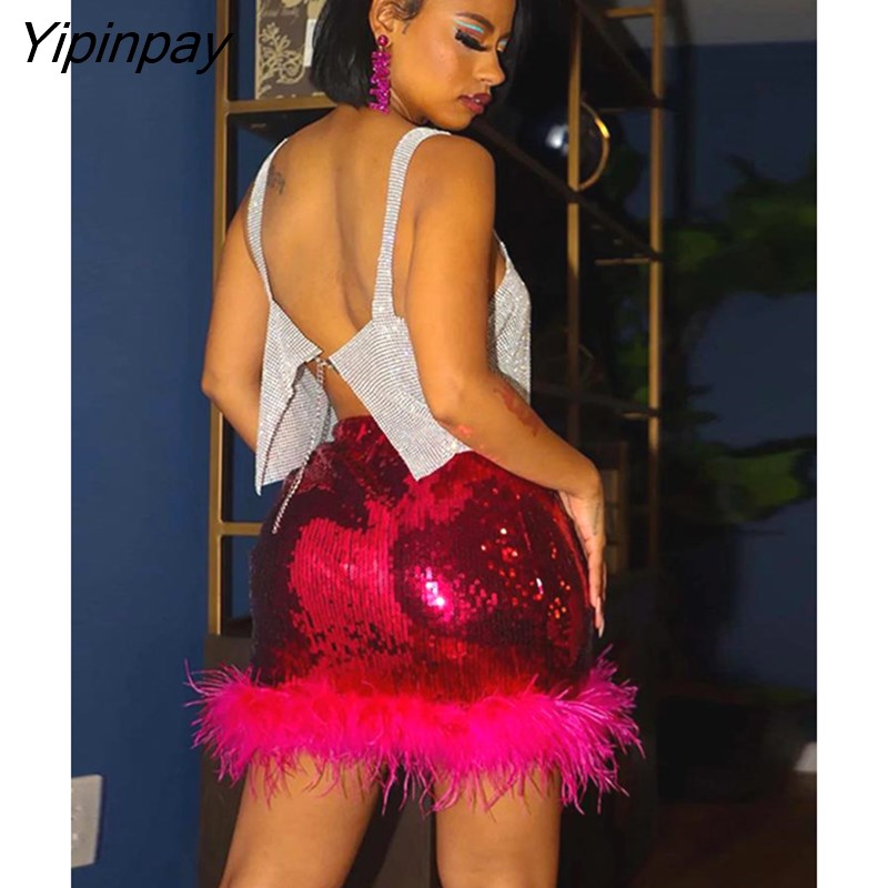 Yipinpay Sexy Sequins Feather Hip Skirt Lady Club Bar Banquet Wild Short Skirt Female Casual Dance Pants Mini Skirt Summer Fashion