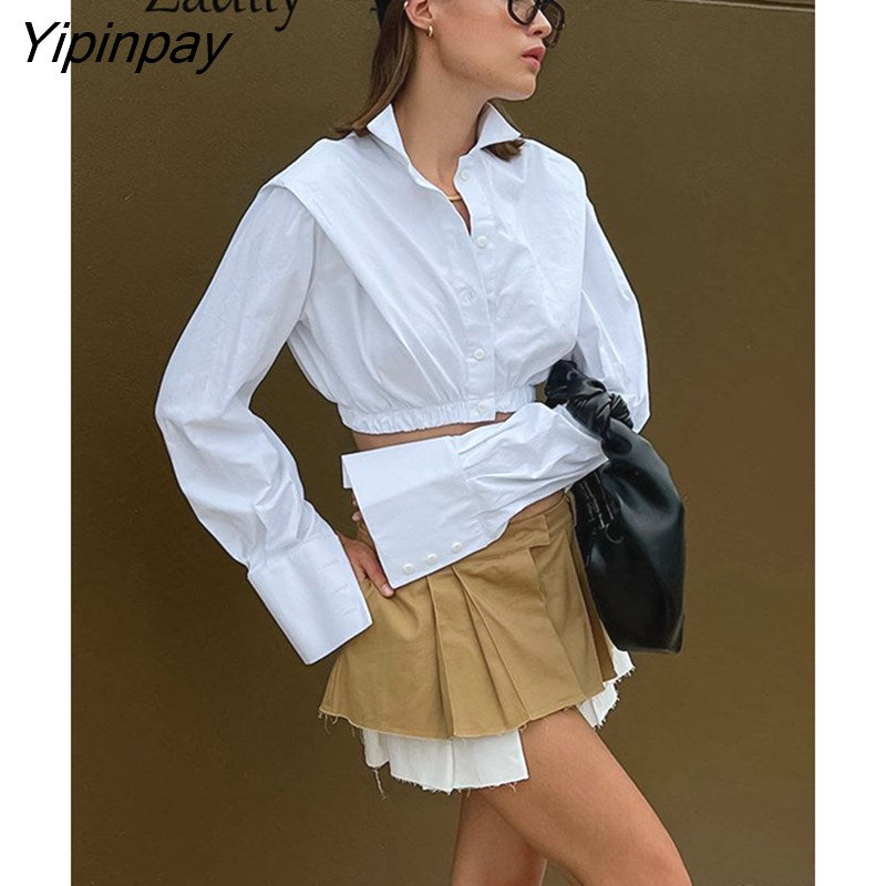 Yipinpay 2023 Spring Y2K Long Sleeve Women Shirt Women Minimalist Button Up Woman Crop Tops Blouse Korea Style Female Clothing