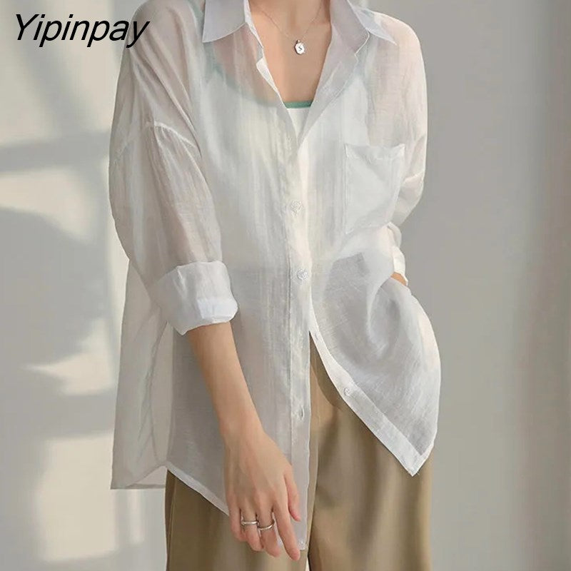 Yipinpay 2023 Summer Long Sleeve Chiffon White Shirt Women Transparent Button Sun Protection Ladies Blouse Beach Female Clothing