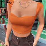 Yipinpay Knit Corset Top Short T Shirts For Women 2023 New In Knitwears Summer Black White Tees Square Neck Sexy Bodycon Crop Tops