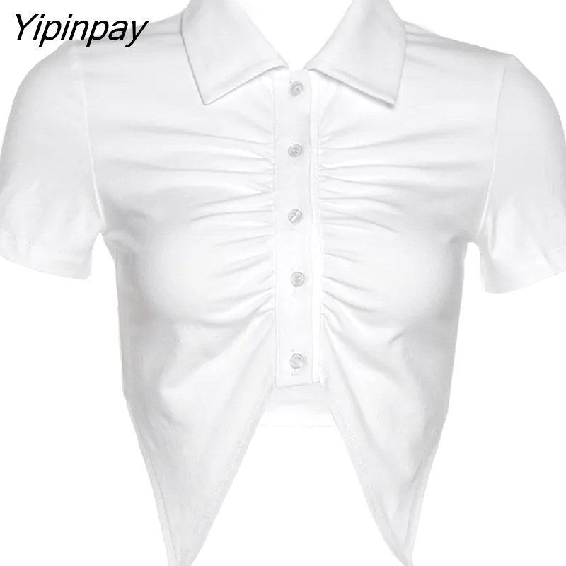 Yipinpay Sexy Y2K Short Sleeve White Shirt Women Irregular Folds Slim Ladies Crop Top 2023 Summer Button Up Female Clothing Blouse