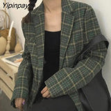 Yipinpay Vintage Women Chic Office Lady Single Breasted Plaid Blazer Coat 2023 Winter Notched Collar Long Sleeve Outerwear Tops