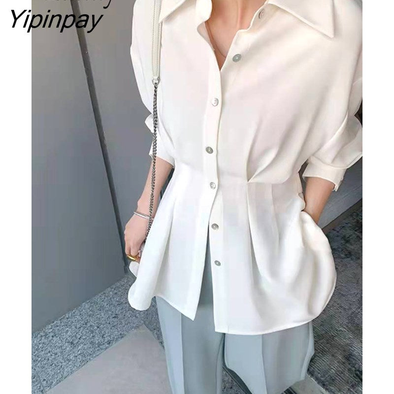 Yipinpay 2023 Autumn Korean style Long Sleeve Folds White Shirt Women Office Lady Slim Wist Button Up Tunic Blouse Female Tops