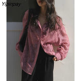 Yipinpay 2023 Spring Sexy Long Sleeve Floral Embroidery Shirt Blouse Women Lace Transparent Button Up Oversize Female Shirts Tops