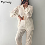 Yipinpay Piece Pleated Shirt Set Sexy Blouse Tops And Wide Leg Pants Women High Waist 2023 Autumn Long Sleeve Loose Outfits Pant Sets