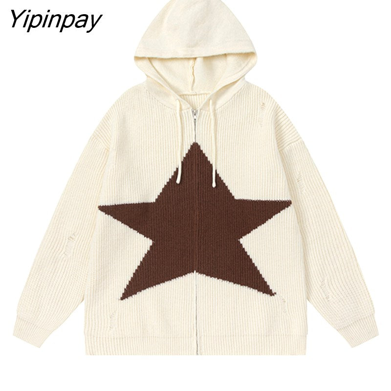 Yipinpay Women's Sweater Hoodies Cardigans Star Knit Long Sleeve Top Oversized Winter Coats Korean Fashion Jumper Y2k Streetwear Clothes
