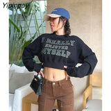 Yipinpay 2023 Winter Hip Hop Letter Print Women Sweatshirt Streetwear Oversize Long Sleeve Ladies Crop Top Hoodies Female Pullover