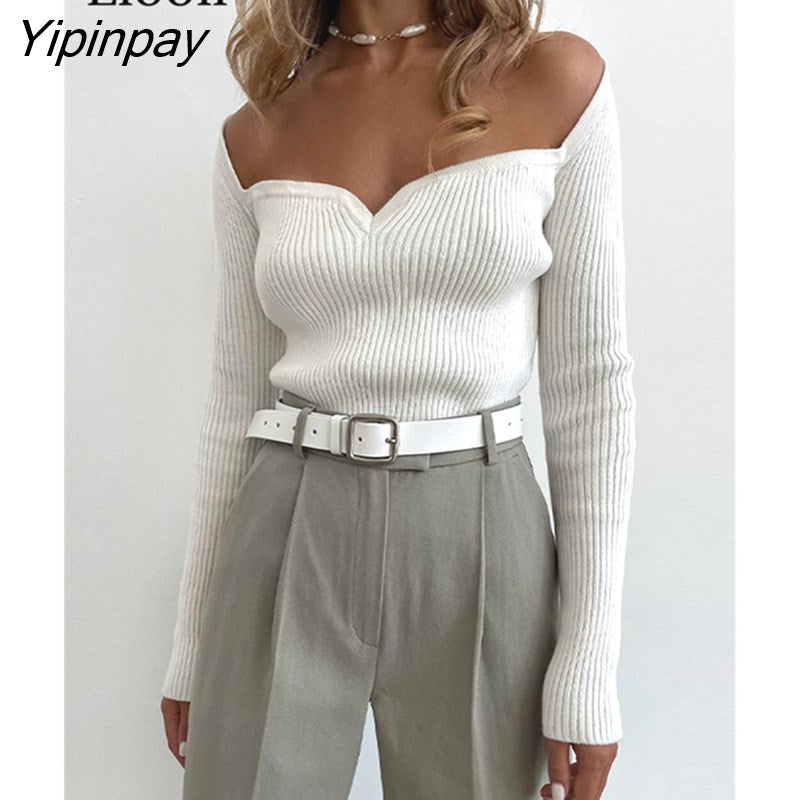 Yipinpay Sexy Knit T Shirt Women Ribbed Top Autumn Long Sleeve Square Collar Basic Tees Bodycon Tshirt Streetwear Black White Tops