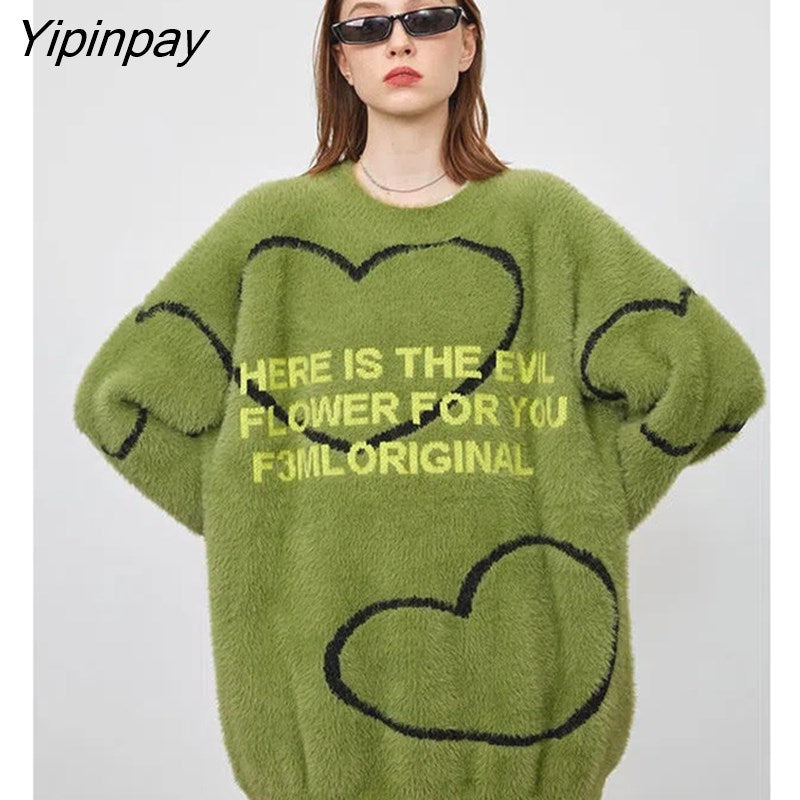 Yipinpay 2023 Winter Casual Long Sleeve Mohair Women Shirt Oversize Letter Embroidery Loose Ladies Knit Pullover Female Thick Tops