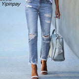 Yipinpay Sexy Stretch Tassel Ripped Jeans Women High Waist Black Blue Trouser Streetwear Distressed Skinny Hole Denim Pencil Pants