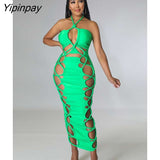 Yipinpay Solid Roped Sleeveless Hollow Lace Up Dress Women Pleated Halter Skinny Skirts Female Summer Backless Bodycon Smocked Skirt