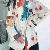 Yipinpay Spring Korean style Long Sleeve Women Blouse Shirt print Loose Oversize Tunic Ladies Shirt Turn Down Collar Female Clothing