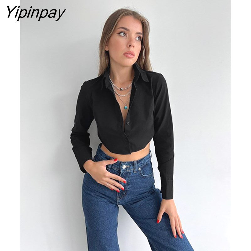 Yipinpay 2023 Spring Sexy Long Sleeve Women White Shirt Y2K Backless Button Up Slim Woman Crop Tops Blouse Party Female Clothing
