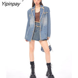 Yipinpay 2023 Winter Streetwear Long Sleeve Demin Blazer Women Oversize Distressed Ladies Suit Blazers Fall Female Coat Clothing