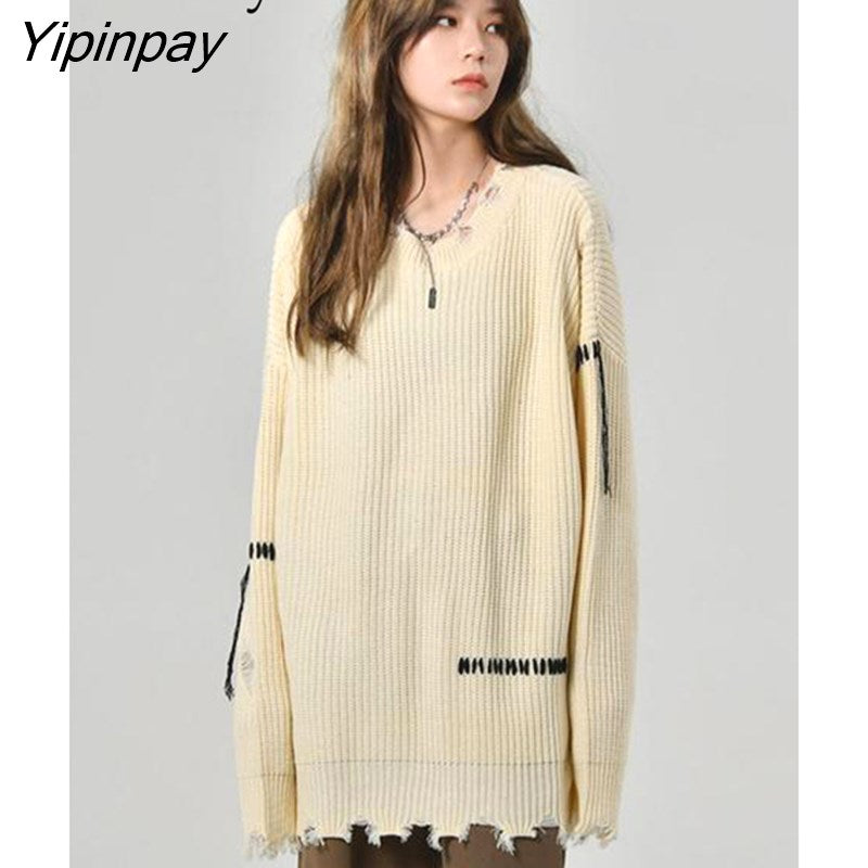 Yipinpay 2023 Winter Steetwear Loose Long Sleeve Sweater Women Y2K Frayed O Neck Kint Ladies Pulliver Fall Female Clothing Tops