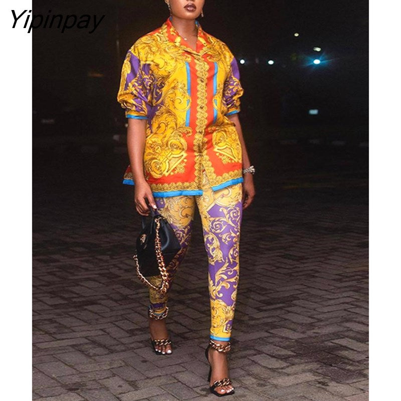 Yipinpay Printed Two Piece Set Women Long Sleeve Lapel Loose Shirt Elastic Pencil Pants Sets Lady Casual Street Top Trousers Sets
