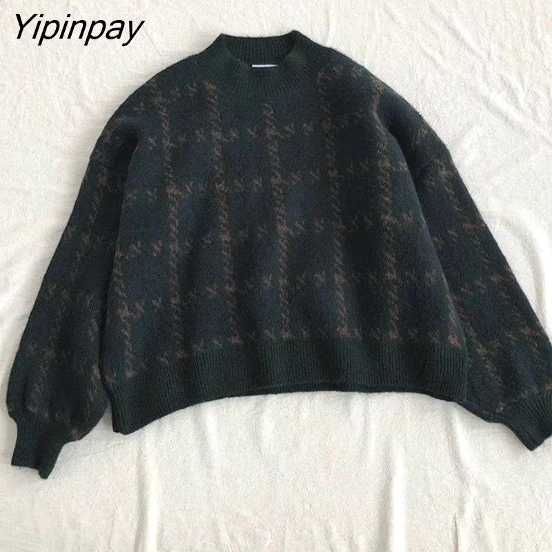 Yipinpay Winter Streetwear Houndstooth Thick Women's Sweater Loose Knit Woman Sweaters Autumn Fashion Warm Plus Size Female Pullover