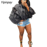 Yipinpay Women Elegant Ruffled Layered Puff Sleeve Top 2023 Summer Female Solid Petal Chiffon Long Sleeve Cropped Blouse Streetwear