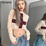 Yipinpay 2023 Summer Street Style Long Sleeve cross Appliques Women Short Blouse Sexy Ladies Chiffon Crop Top Club Female Clothing
