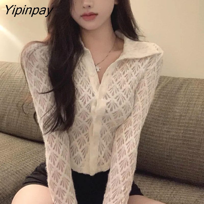 Yipinpay 2023 Summer Sexy Long Sleeve Lace White Shirt Women Street Style Y2K Button Transparent Crop Tops New Female Clothing