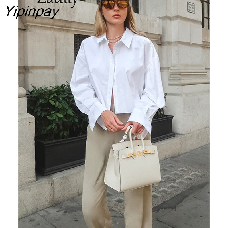 Yipinpay 2023 Spring Minimalist Long Sleeve Women White Shirt Korea Style Button Up Woman Crop Tops Blouse Party Female Clothing