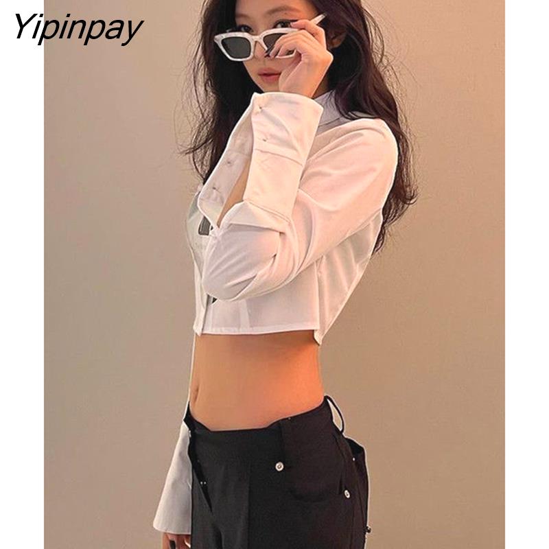 Yipinpay Korean style Long Sleeve Print Women Short White Shirt Sexy Button Street Ladies Crop Tops 2023 Summer Party Blouse
