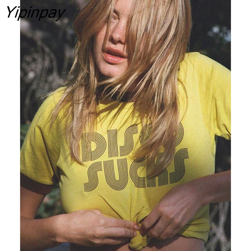 Yipinpay Printing Letter Cute Harajuku O-neck Short Sleeve T-shirts Graphic Printed Grunge Yellow Crop Tops baby tee Gothic Y2K