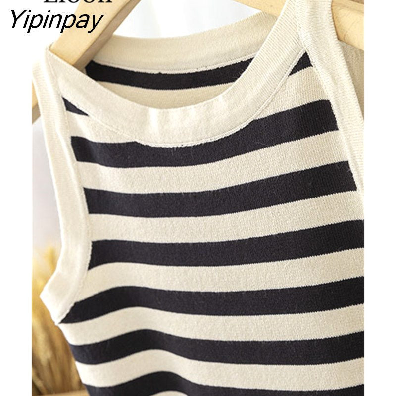 Yipinpay Stripe Knit Tank Crop Top Summer Basic Vest 2023 Women Outfits Streetwear Sleeveless O Neck Black White Knitwear Cute Tops