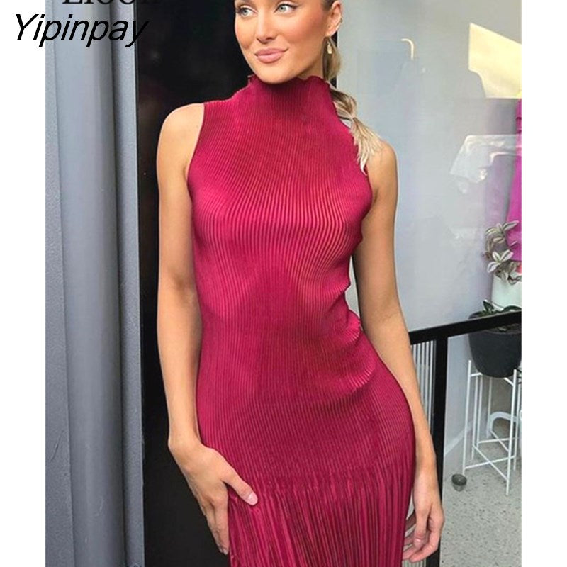 Yipinpay Sexy Knitted Ribbed Bodycon Pleated Dress Women Robes Autumn Winter Streetwear Sleeveless O Neck Party Long Maxi Dresses