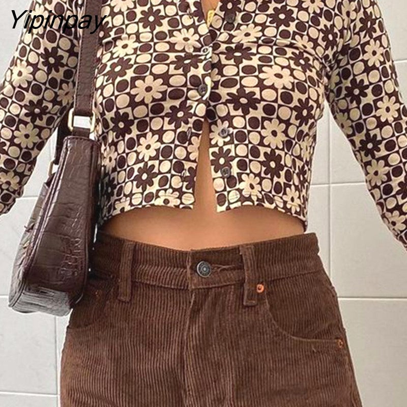 Yipinpay 90s Floral Print Brown Shirts Y2K Streetwear Turn-Down Collar Buttons Long Sleeve Crop Tops 2023 Summer Blouses