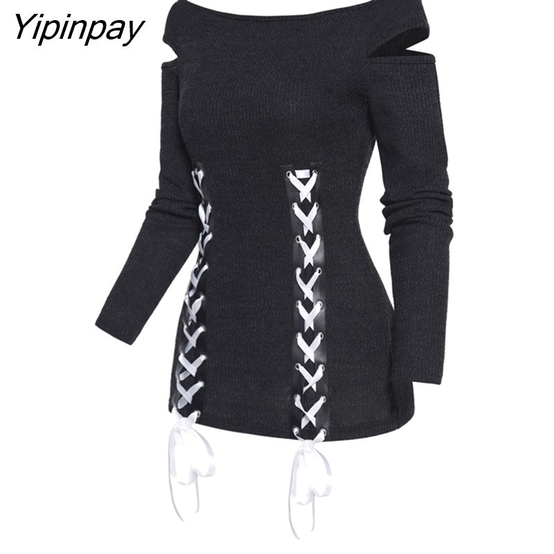 Yipinpay Women Casual T Shirts Cold Shoulder Lace-Up Front Ribbed T-Shirt Solid Color Long Sleeve Female Fashion Tops Tee