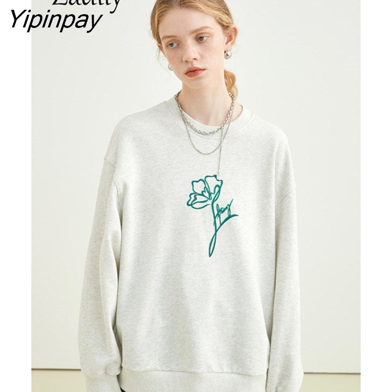 Yipinpay 2023 Winter Minimalist Floral Print Women Sweatshirt Korean Style Oversize O Neck Long Sleeve Ladies Hoodies Female Tops