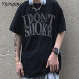 Yipinpay Women Oversized TShirt Dark I Don't Smoke Rhinestone Punk Harajuku Goth Tops Tees Summer Short Sleeve Vintage Female Clothing