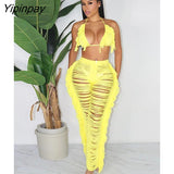 Yipinpay Summer Tassel Feather Women 2 Sets Sexy V Neck Bra Top And Hollow Out Pants Set Female Fashion Beach Party Outfits