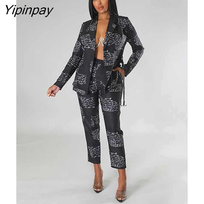 Yipinpay Women Single Breasted Printed Blazer Two Piece Set Female Lapel Blazer Straight Pants Suits Office Lady Outfits Streetwear
