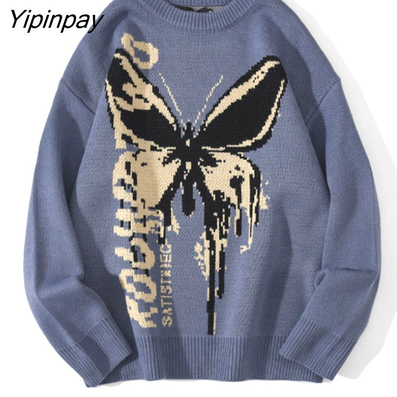 Yipinpay Hop Knitwear Mens Women's Sweaters 2023 Harajuku Fashion Butterfly Male Loose Tops Casual Streetwear Pullover Sweaters