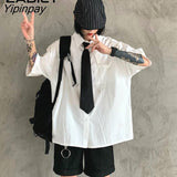 Yipinpay Street Style Short Sleeve Tie Black Shirt Women Y2K Oversize Button Up Ladies Blouse 2023 Summer Loose Gothic Tops