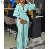 Yipinpay Women Fashion Print Lantern Sleeve Shirt Wide Leg Trouser Suits Elegant Slim Top High Waist Pants Set 2023 Summer Casual Outfits