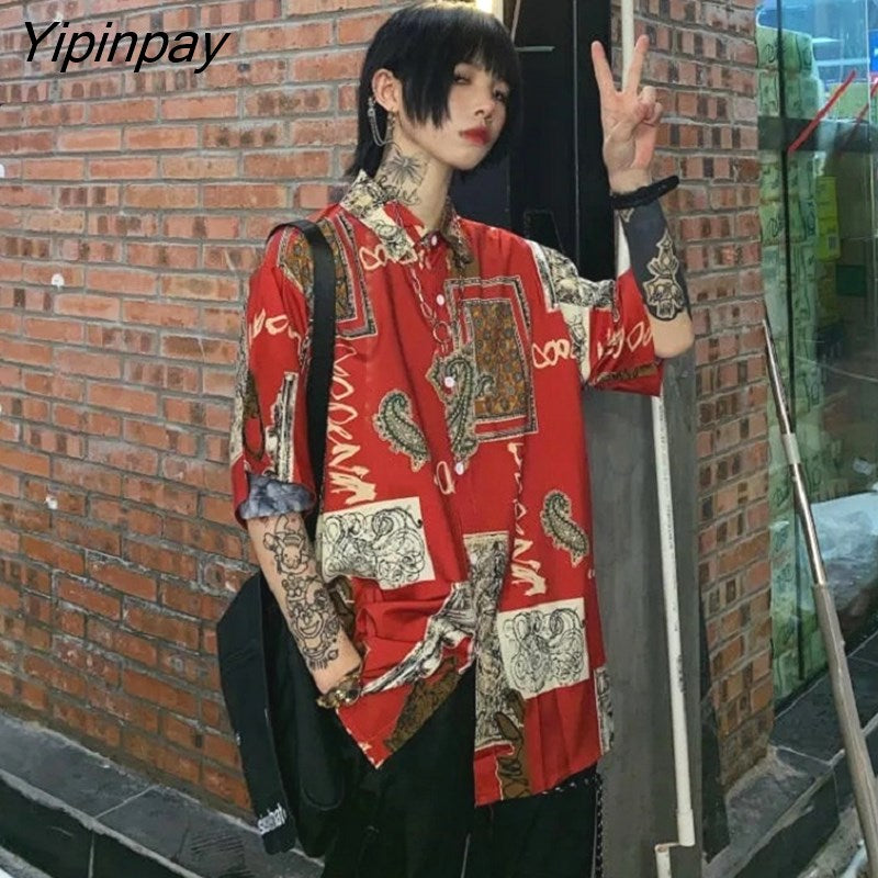 Yipinpay Style Short Sleeve Women Shirt Hip Hop Button Loose Oversize Pluse Size Print Ladies Blouse 2023 Summer Female Clothing