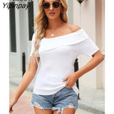 Yipinpay Sexy Off Shoulder Knit T Shirt Women Ribbed Top Short Sleeve Basic Tees Summer Tshirt Black White Bodycon Knitted Tops