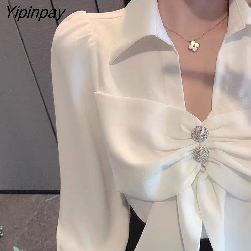 Yipinpay 2023 Summer Sweet JK Women White Shirt Long Sleeve Bow V Neck Chiffon Ladies Blouse Casual Party Female Clothing Tops