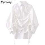 Yipinpay 2023 Spring Office Lady Long Sleeve Lacing Folds White Shirt Blouse Women Elegant Button Up Work Female Shirts Clothes