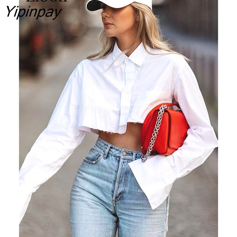 Yipinpay Short Shirts Crop Tops And Blouses Women Button Up Cardigan 2023 New Long Sleeve Turndown Collar Cotton Black White Blouse