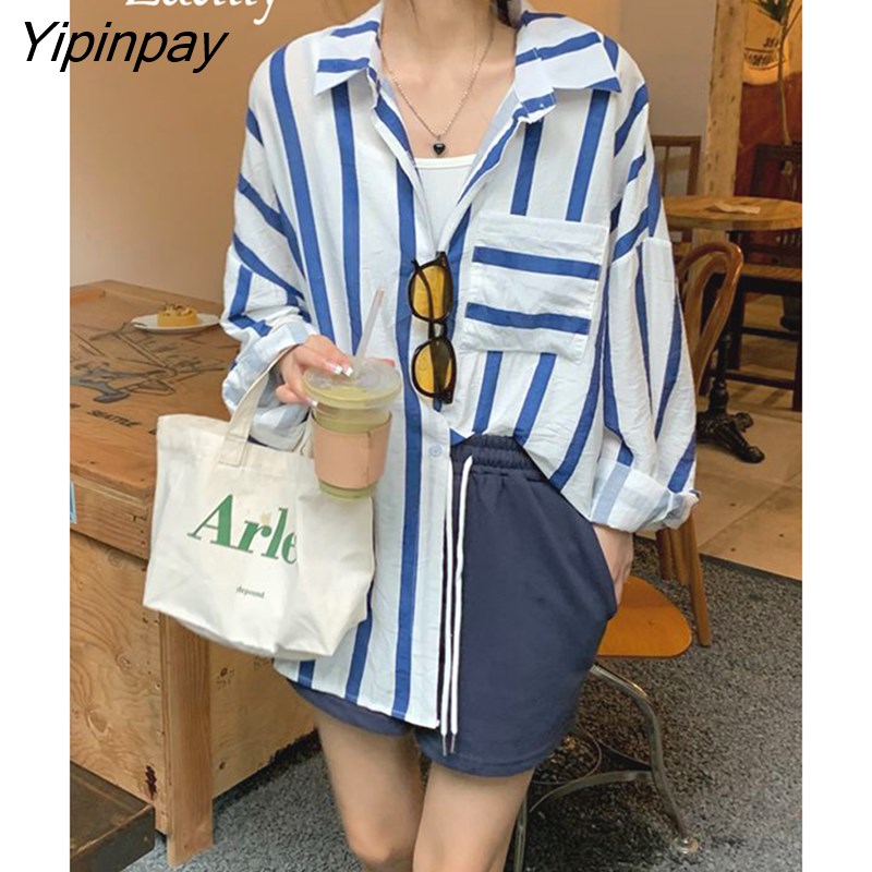 Yipinpay 2023 Summer Fashion Oversize Long Sleeve Shirt Women Vintage Stripe Button Up Ladies Blouse Work Female Clothing Tops