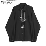 Yipinpay 2023 Spring Streetwear Long Sleeve Black Shirt Blouse Women Gothic Butterfly Chain Button Up Oversize Shirts Loose Tops