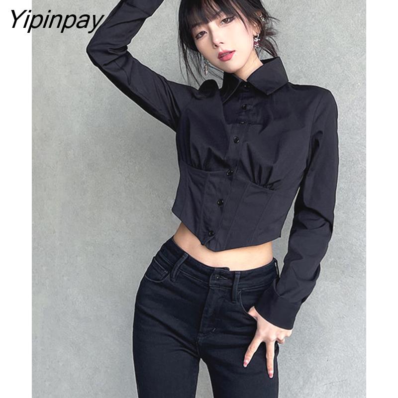 Yipinpay 2023 Autumn Y2K Sexy Long Sleeve Folds Women Shirt Street Gothic Button Ladies Crop Top Club Female Clothing Blouse Tops