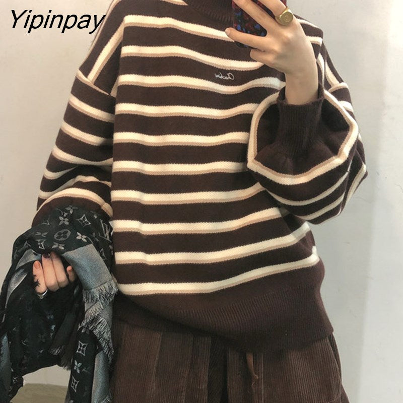 Yipinpay Winter Chic Pullover Women Striped Turtleneck Loose Knitwear Sweater Trendy Ulzzang Warm Student INS Coat Soft Daily Jumper