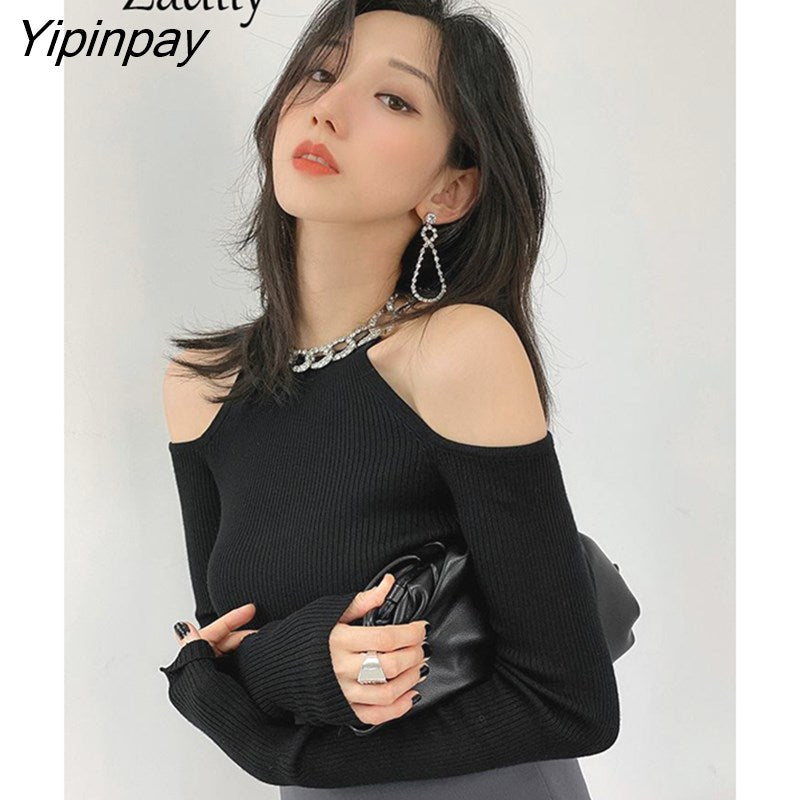 Yipinpay Winter Sexy Off The Shoulder Long Sleeve Women Sweater Korea Style Slim Fit High Strech Knit Pullover 2023 New In Tops